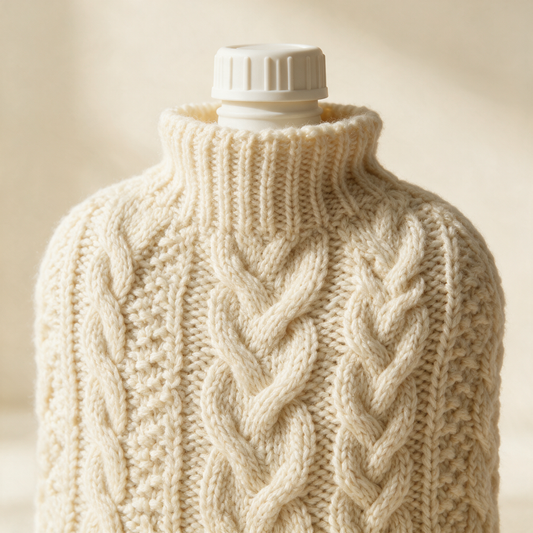 Close up of the SnugBottle cable knit cover and stopper