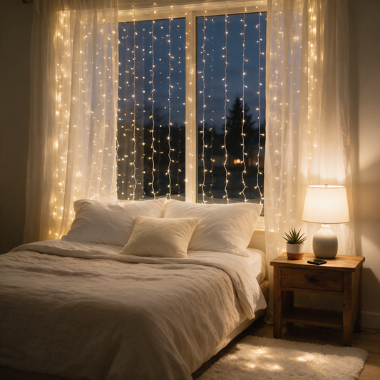 TwinkleCurtain lights in a bedroom window at dusk