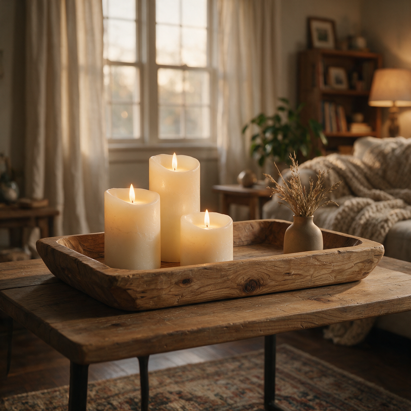 FlickerFlame candles on a wooden tray with dried grasses