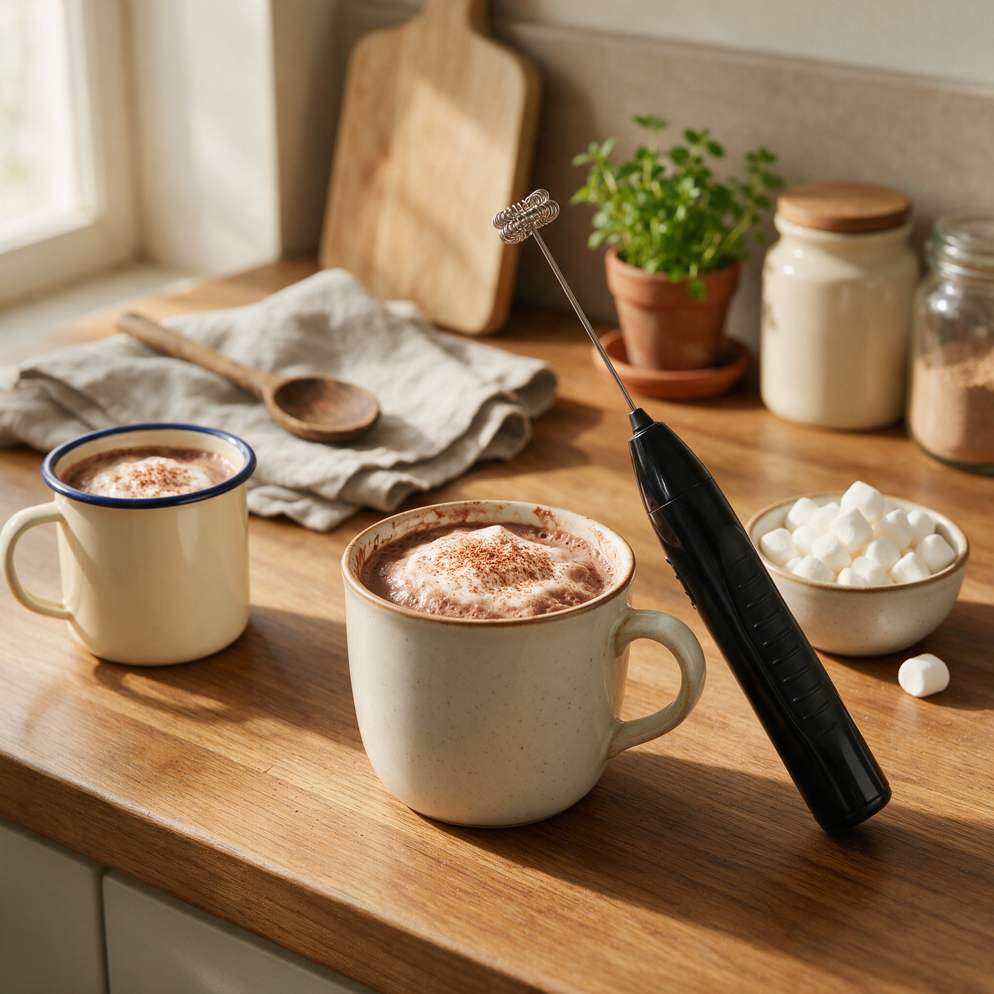 FrothWand milk frother styled with a latte and coffee beans