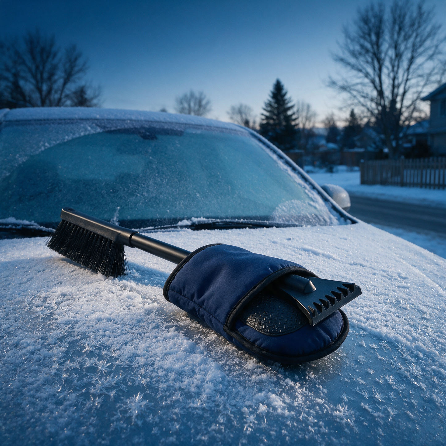 FrostMitt scraper kit styled with winter gloves and a warm drink