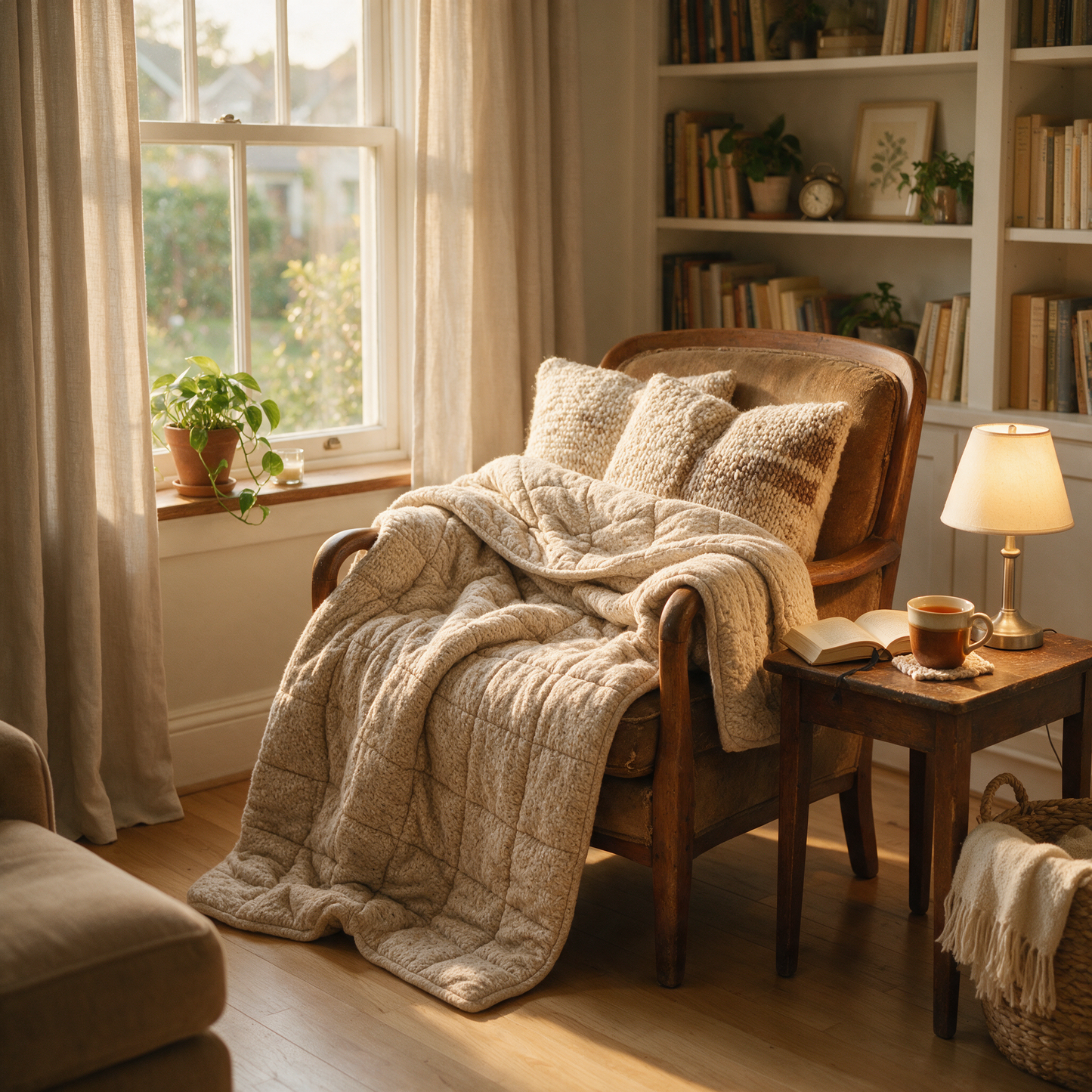 The Cocoon weighted blanket draped over a reading chair