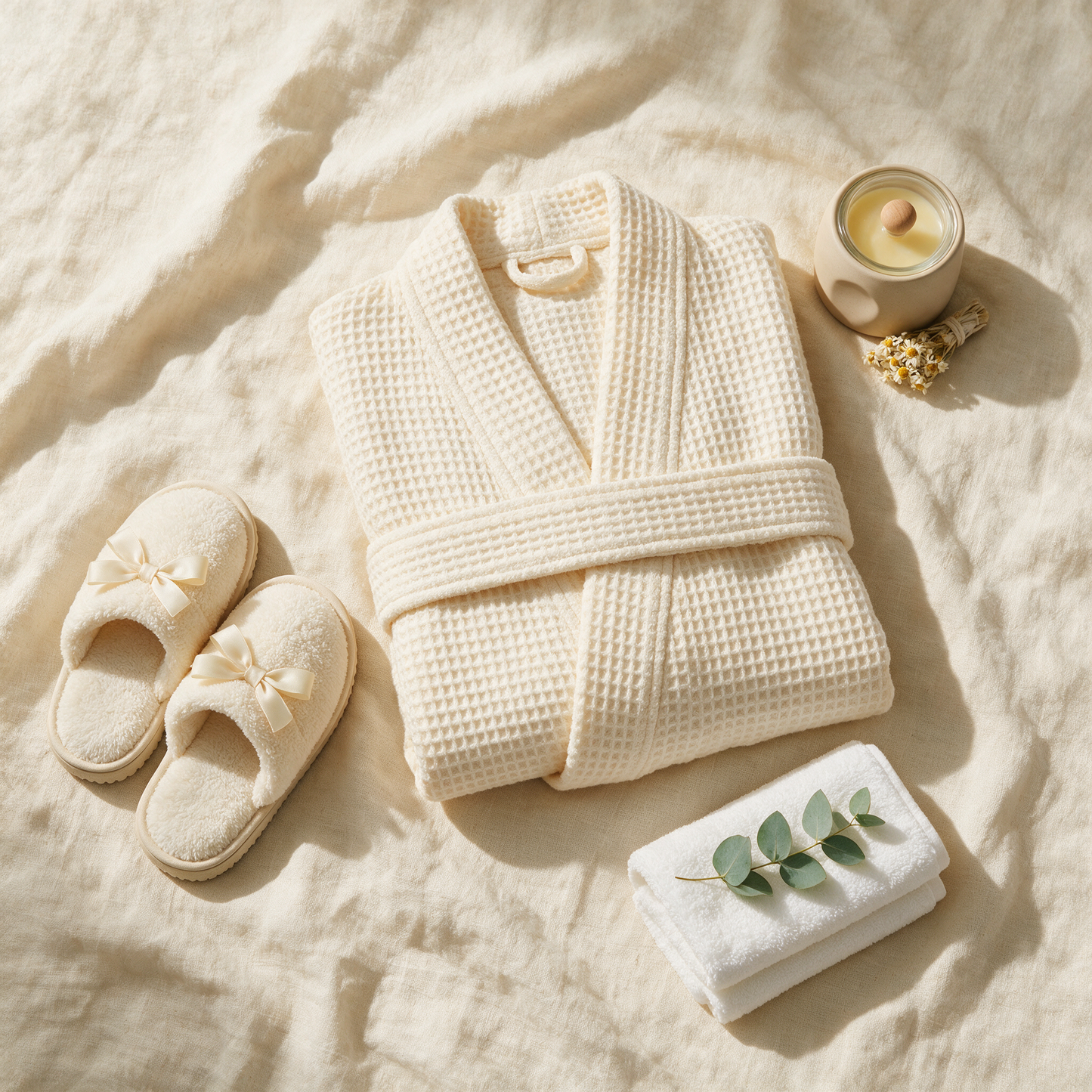 The Robe folded flat lay with slippers, candle and towel