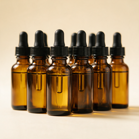 Close-up of The Apothecary amber oil bottles with droppers