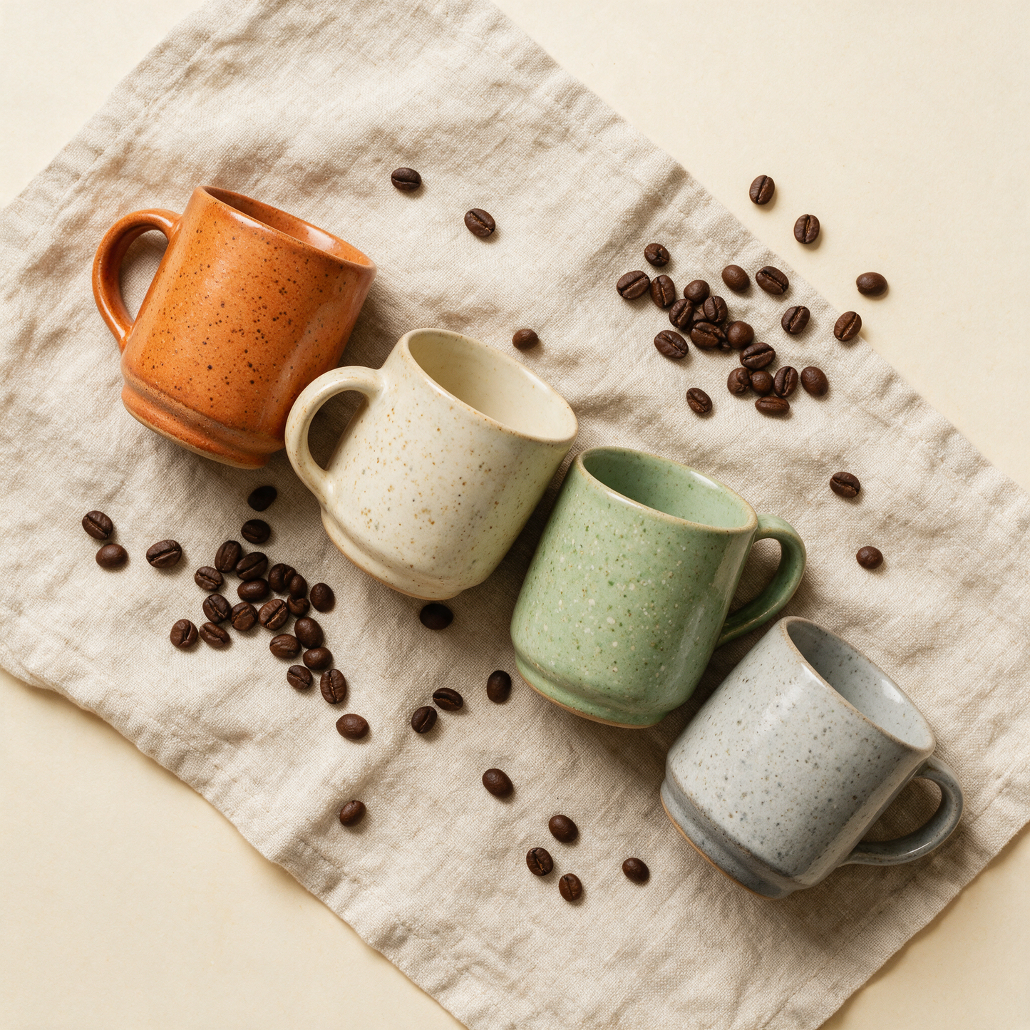 The Daily mugs styled flat lay with linen and coffee beans
