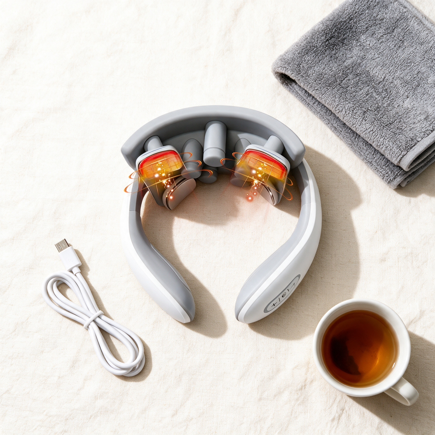 PulseEase flat lay with USB-C cable, towel and tea