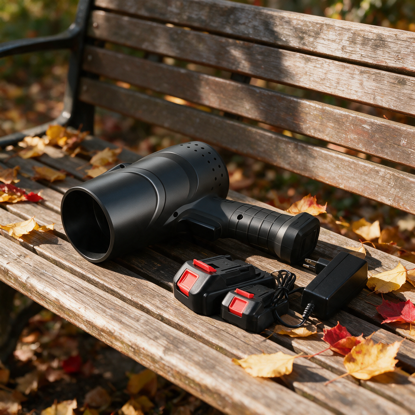 LeafEase blower on a garden bench with autumn leaves