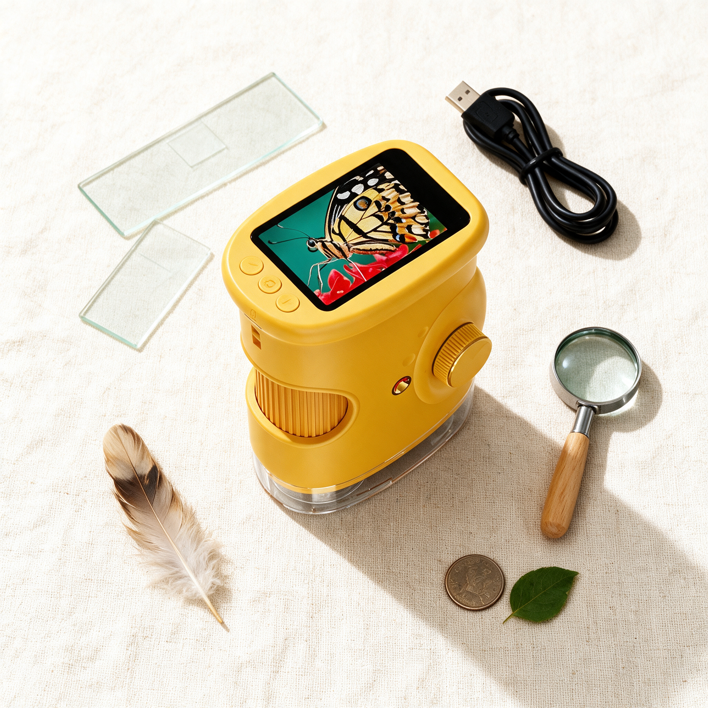 MicroExplorer flat lay with slides, cable, magnifying glass, feather and leaf