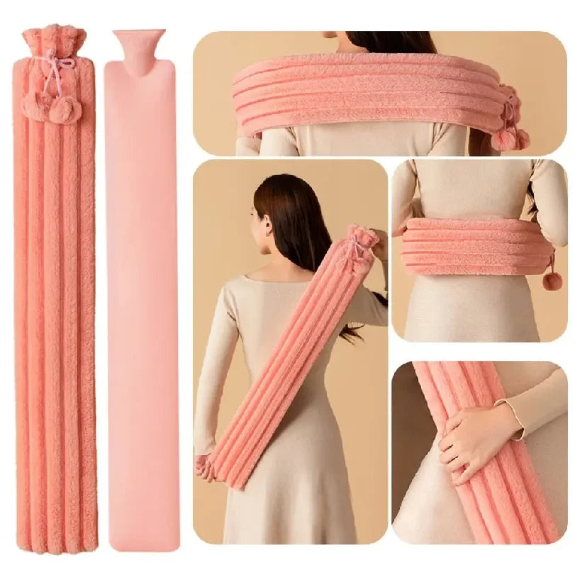 SnugBottle XL long hot water bottle worn over the shoulders and around the waist