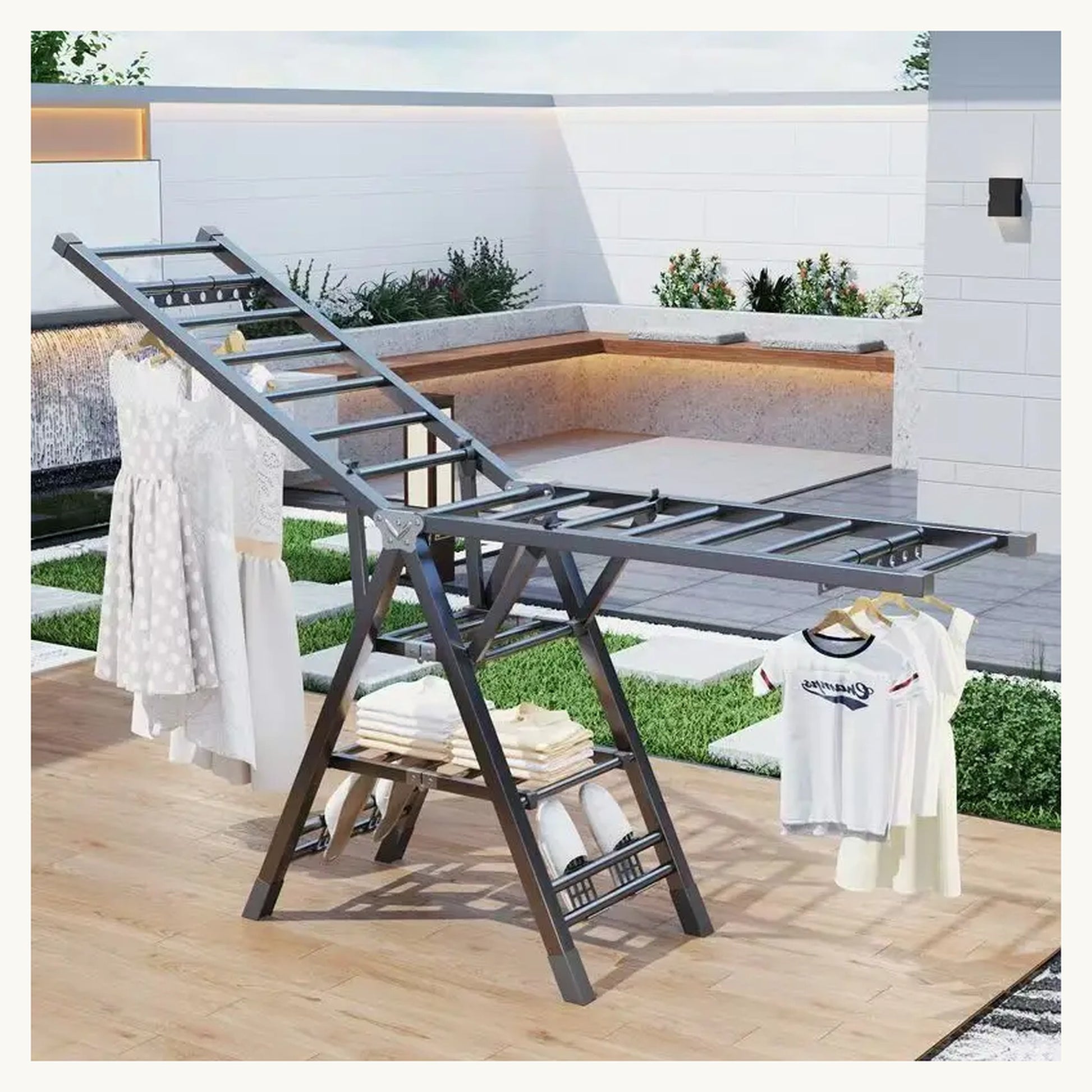 DryEase silver winged heated clothes airer on a patio