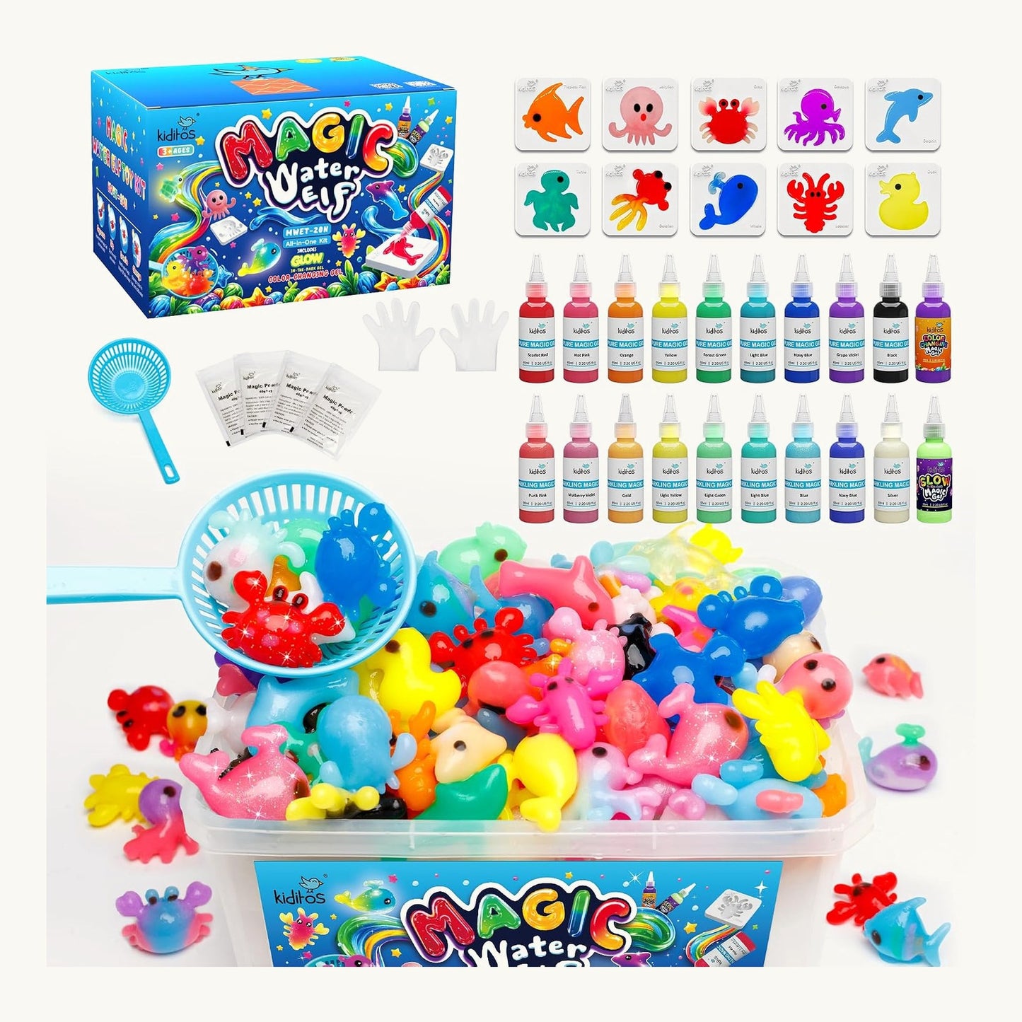 AquaElves magic water pets craft kit with gels, moulds and finished squishy water elves