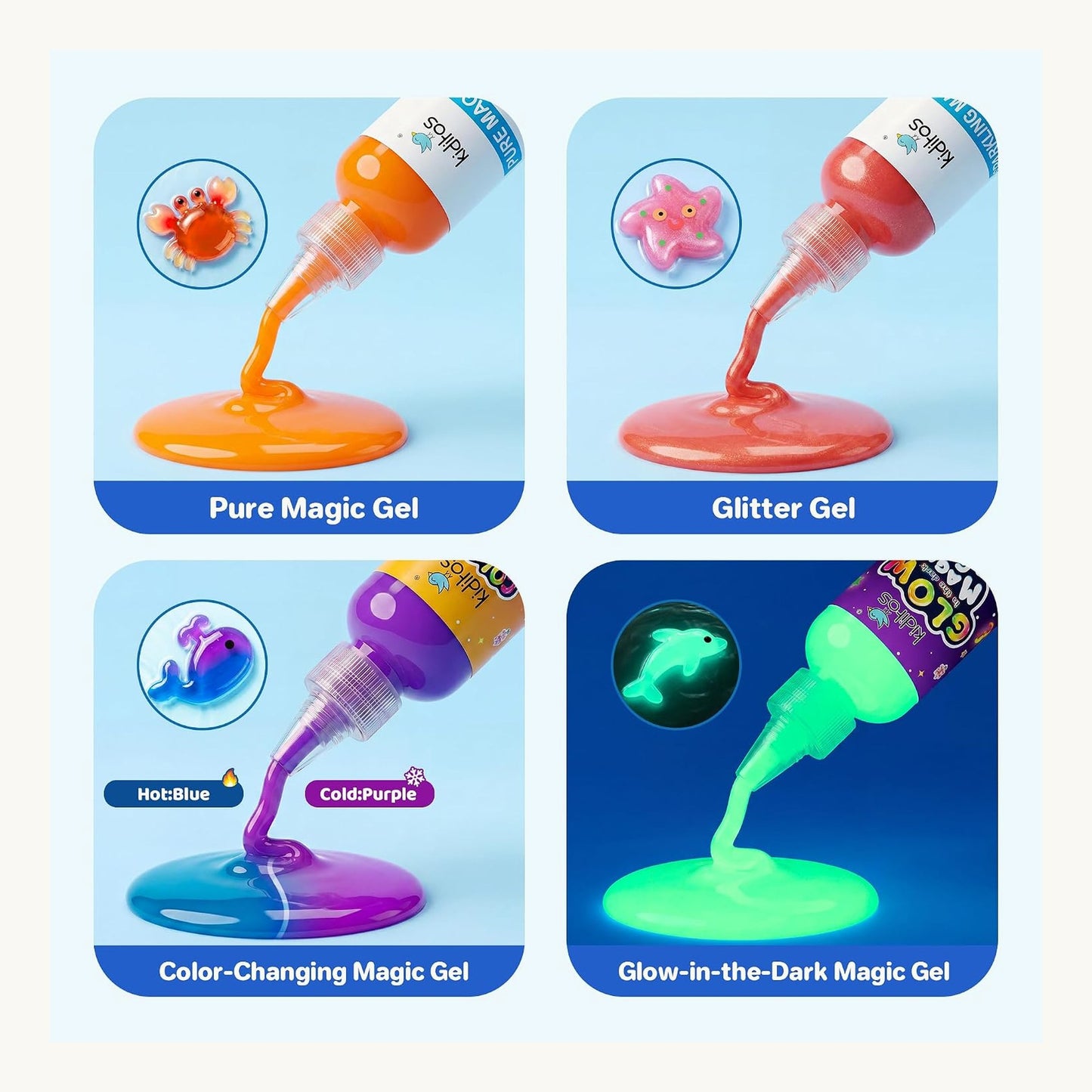 Four gel types including glitter, colour-changing and glow-in-the-dark