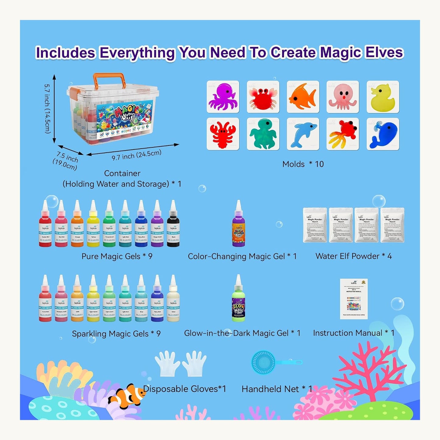 Everything included in the kit - gels, moulds, powder, storage box and tools