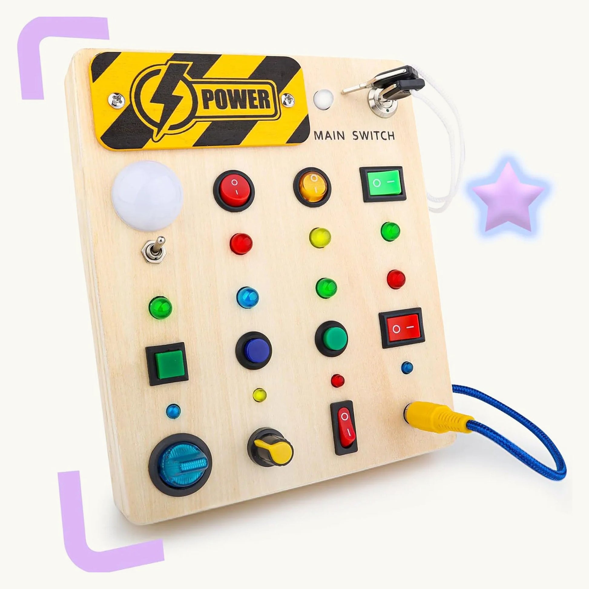 BusyBoard wooden Montessori switch board with LED buttons, toggles and wires