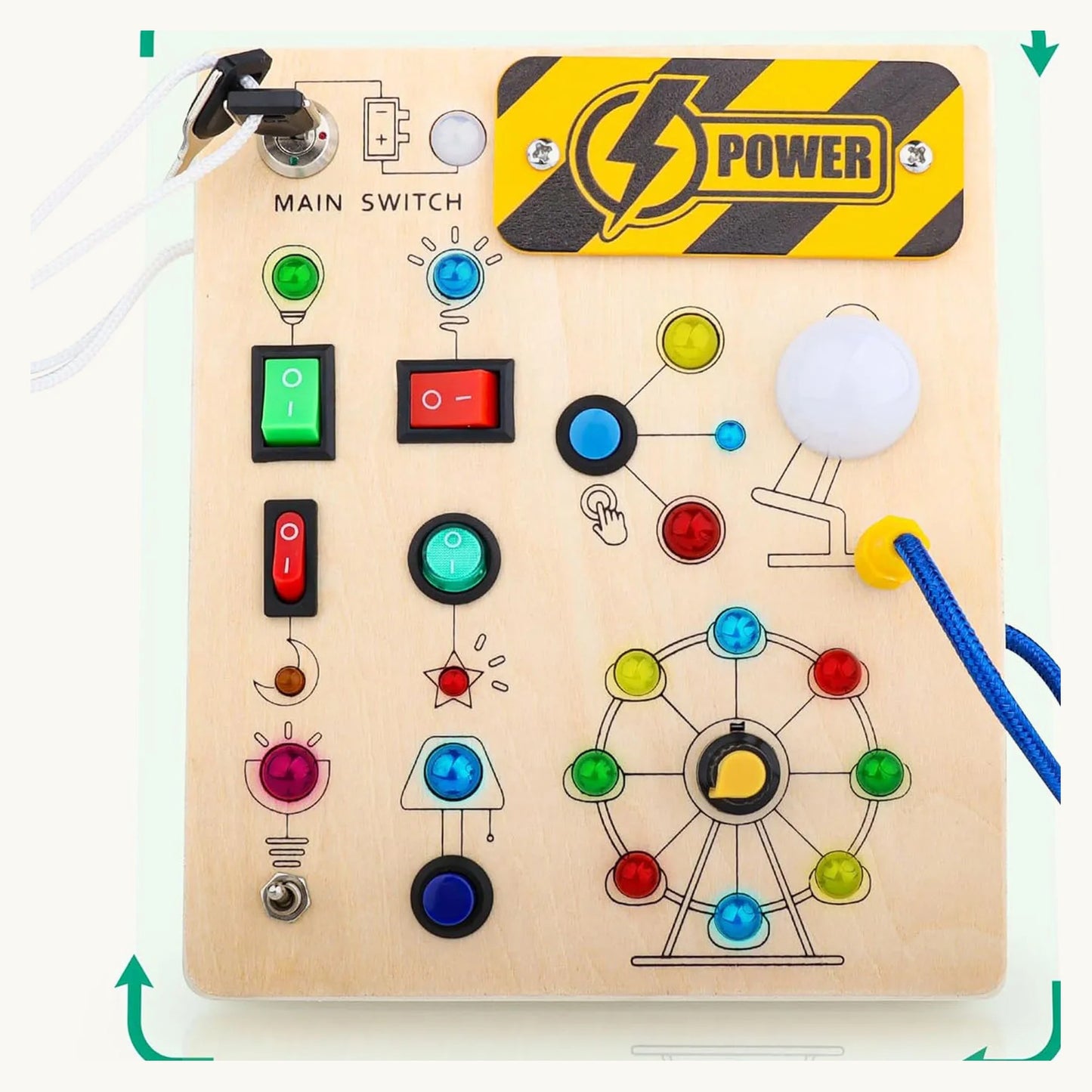 BusyBoard with power sign, switches, buttons, dial and key