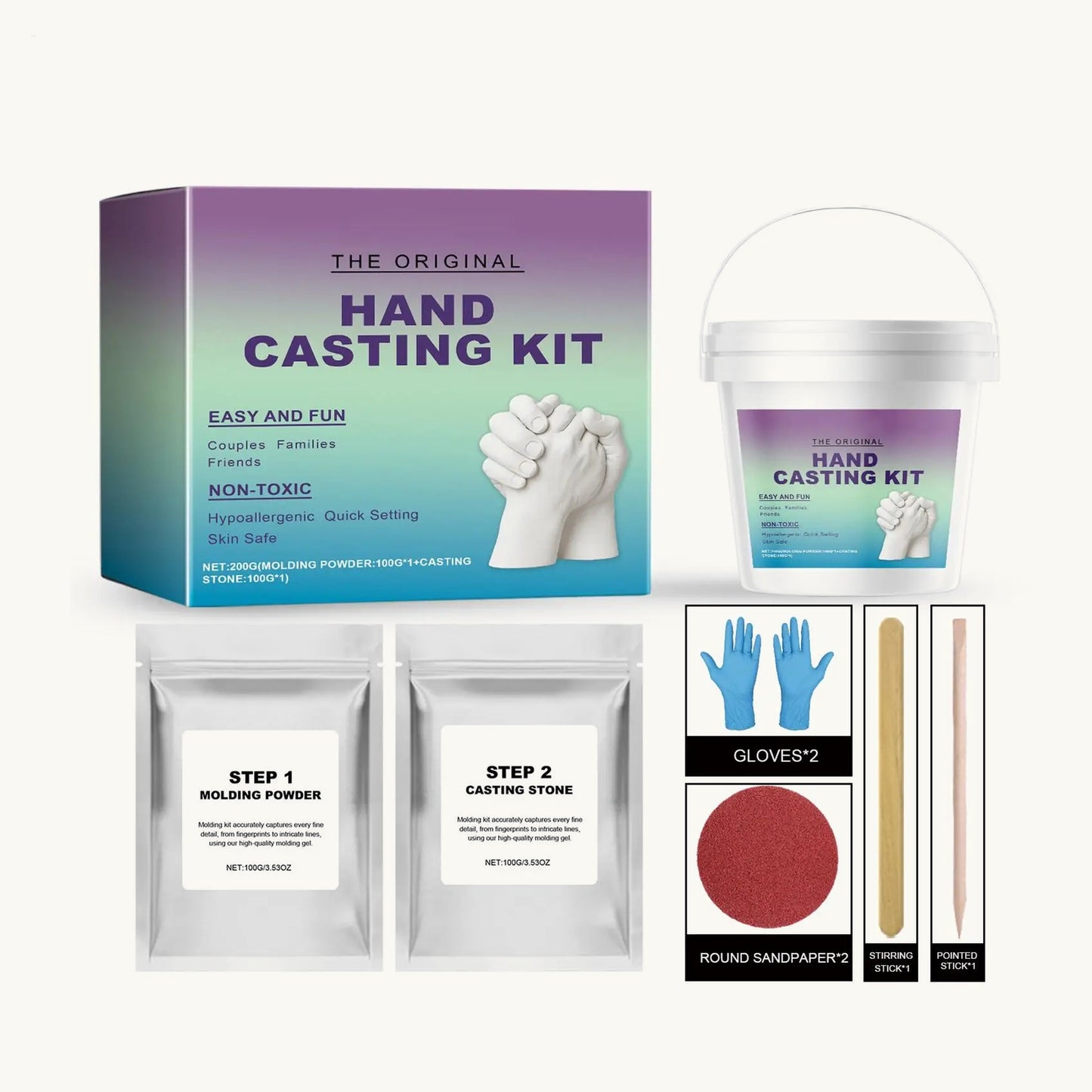 KeepsakeCast 3D hand casting kit with box, bucket, moulding powder, casting stone, gloves and sandpaper