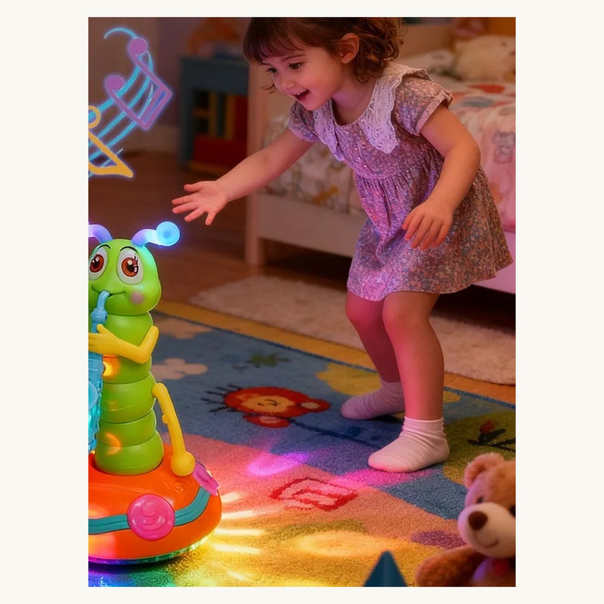 Child dancing with the WiggleBug caterpillar