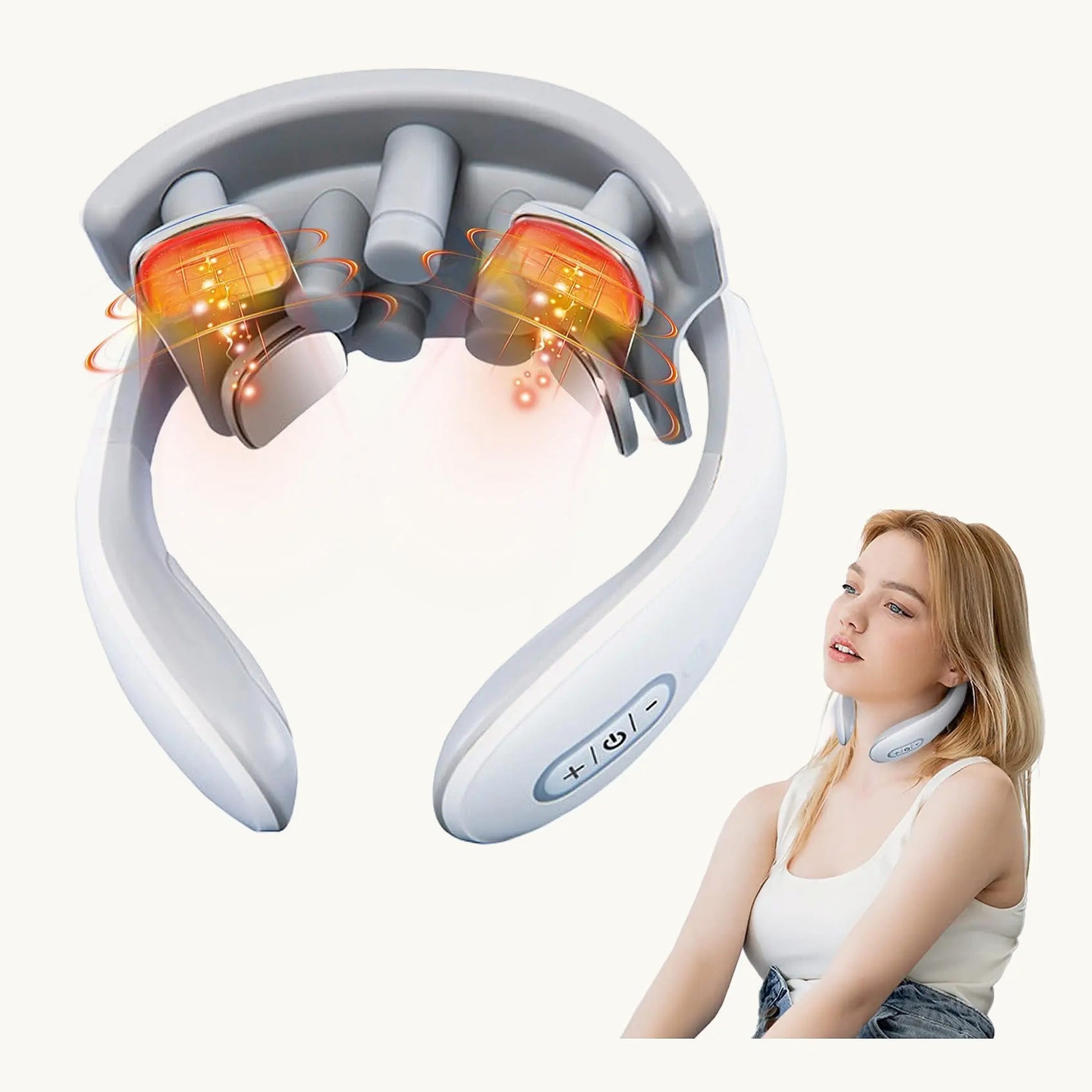PulseEase neck massager worn around the neck