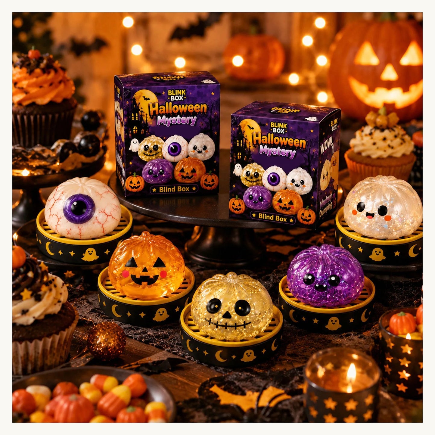 SpookySquish blind box with pumpkin, ghost and eyeball squishies