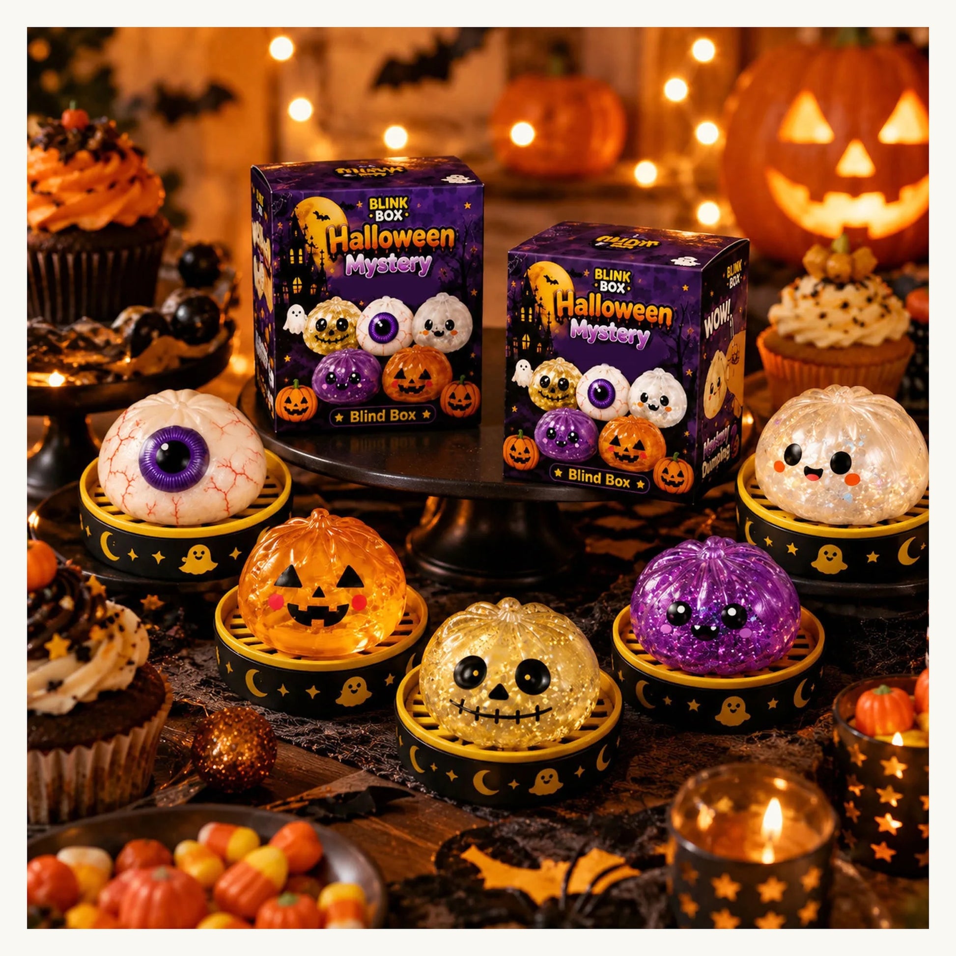 SpookySquish blind box with pumpkin, ghost and eyeball squishies
