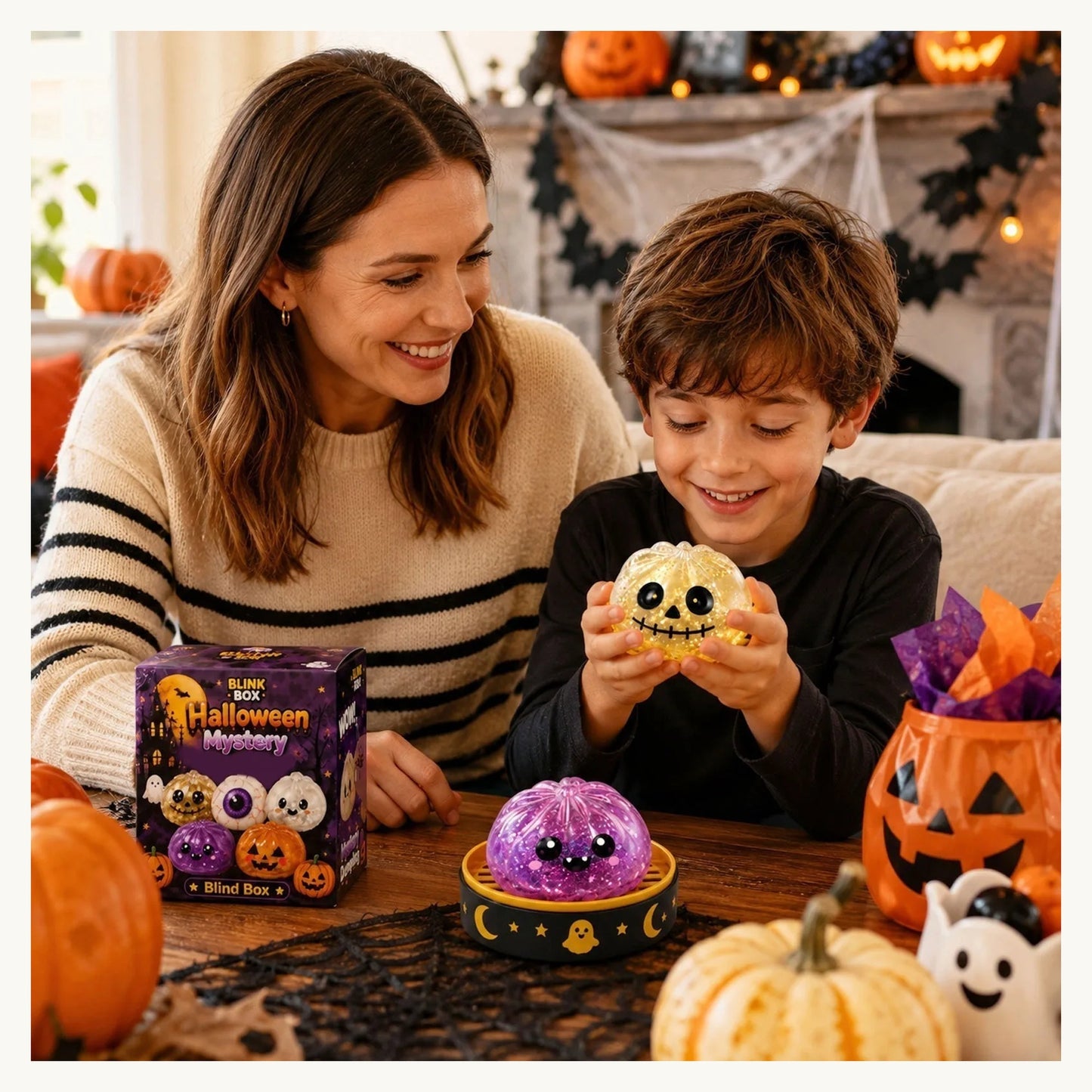 Mother and son squeezing SpookySquish Halloween squishies
