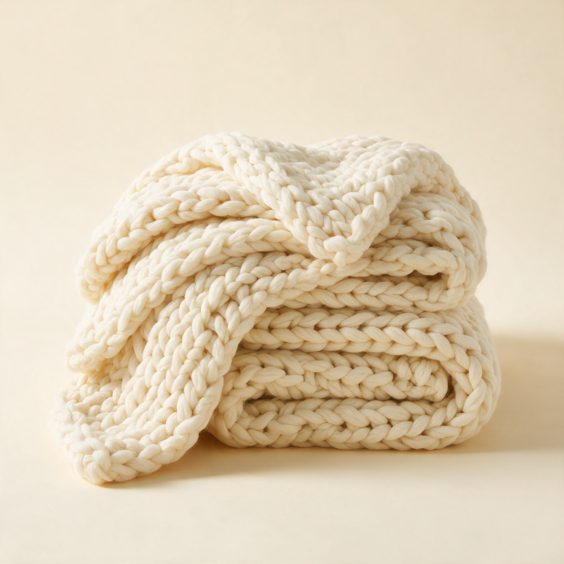 Cream chunky knit throw blanket folded to show woven texture