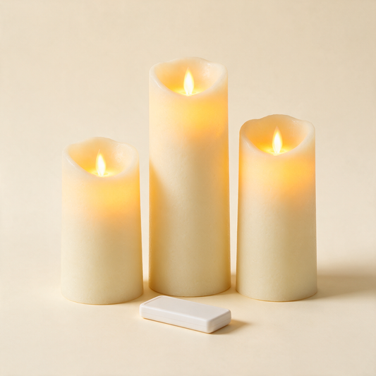 Set of three ivory flameless LED pillar candles with remote