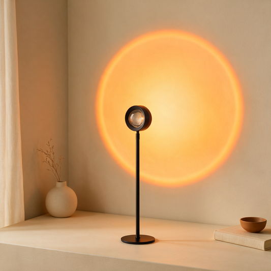 Black sunset projection lamp casting a warm orange glow on a wall