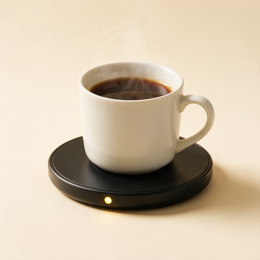 Black electric mug warmer with white mug of tea