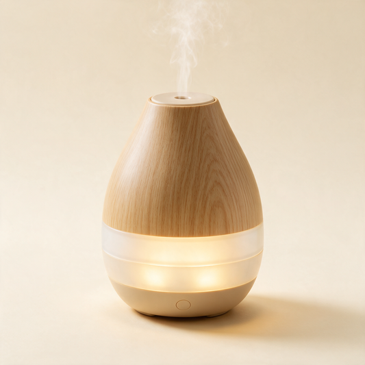 Wood grain aroma diffuser releasing fine mist with warm light