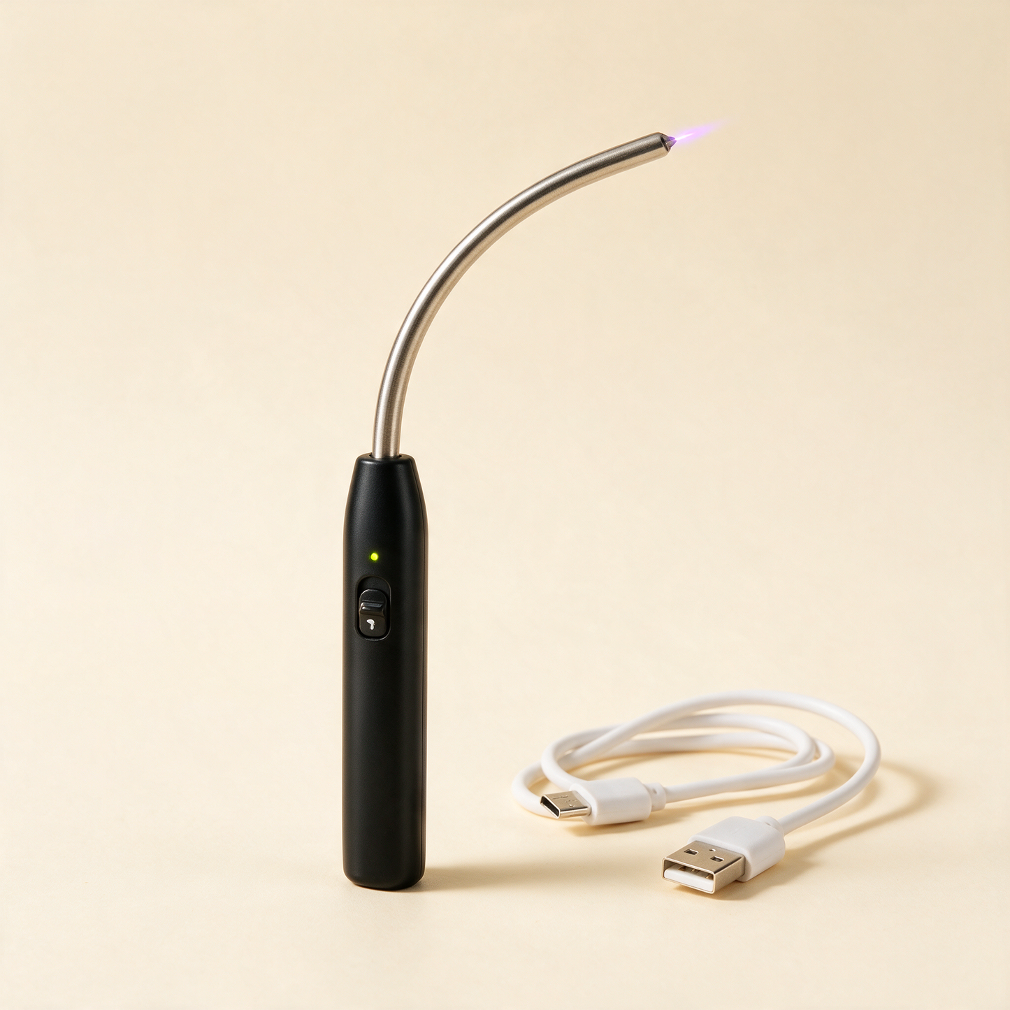 Black electric arc candle lighter with flexible neck and USB cable