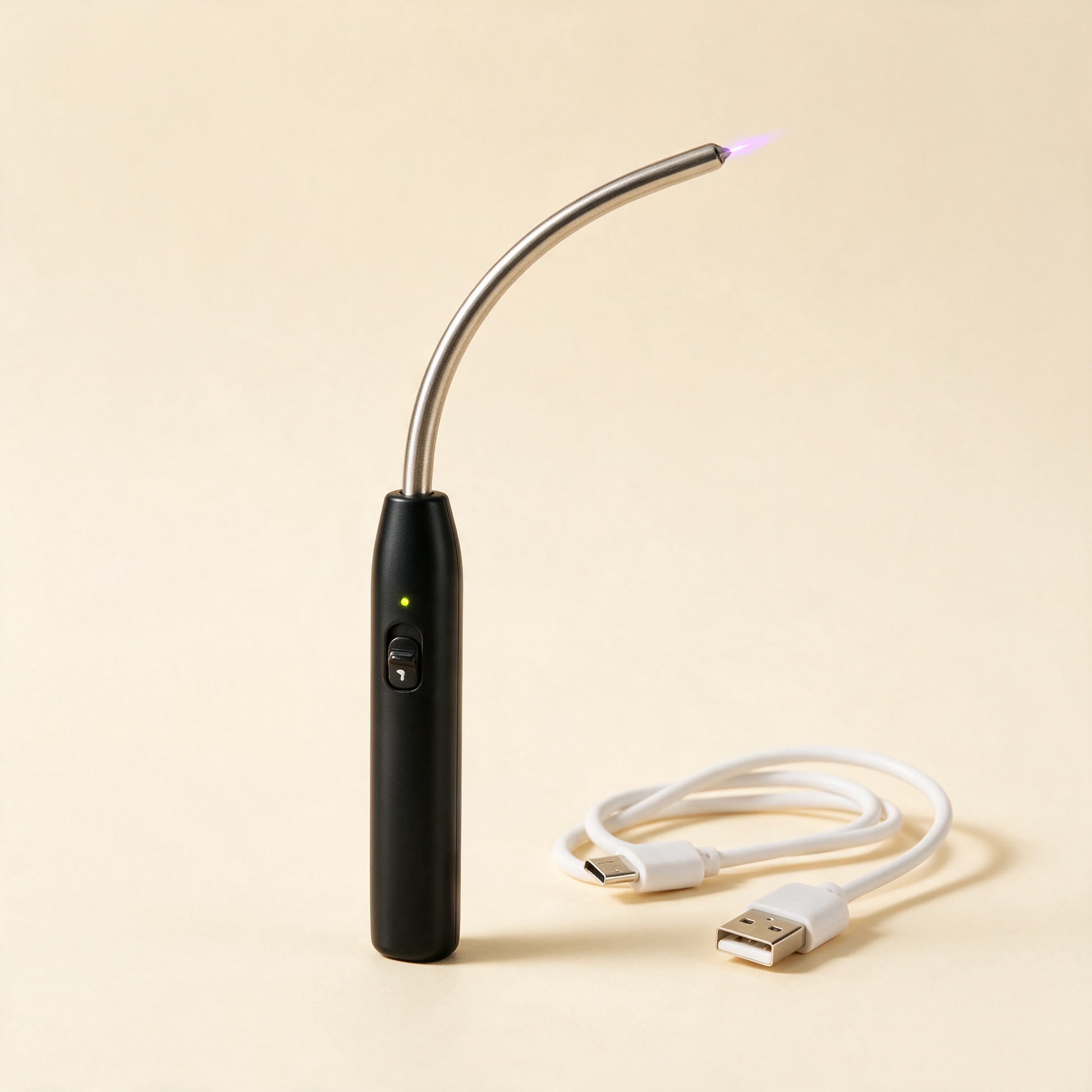 Black electric arc candle lighter with flexible neck and USB cable