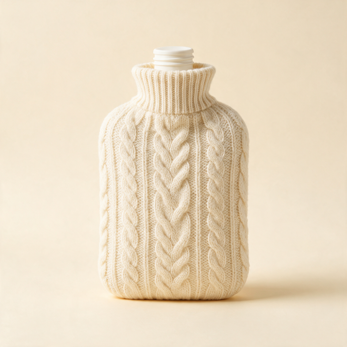 Hot water bottle in a cream cable knit cover