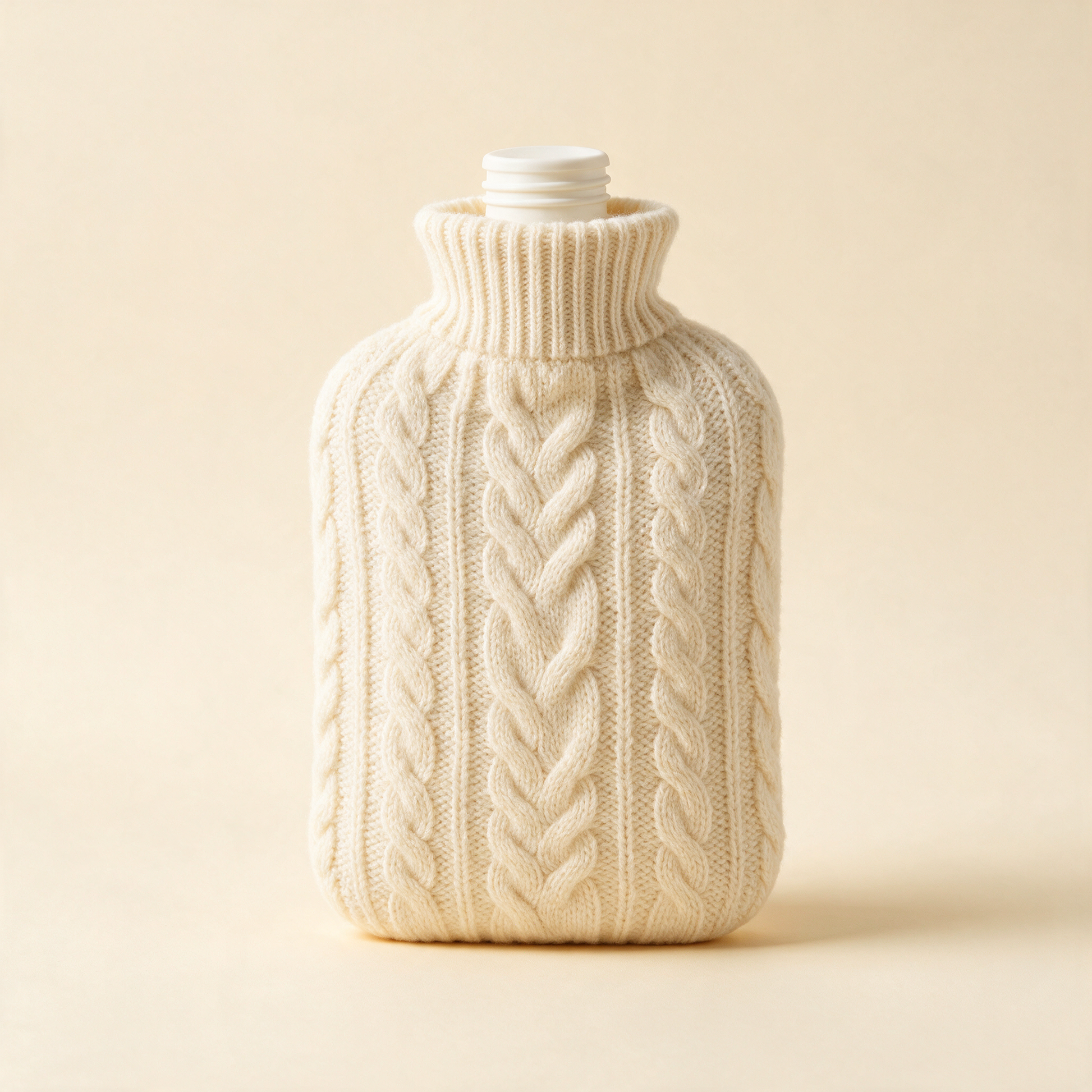 Hot water bottle in a cream cable knit cover