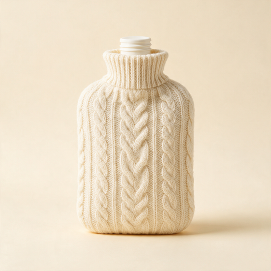 Hot water bottle in a cream cable knit cover