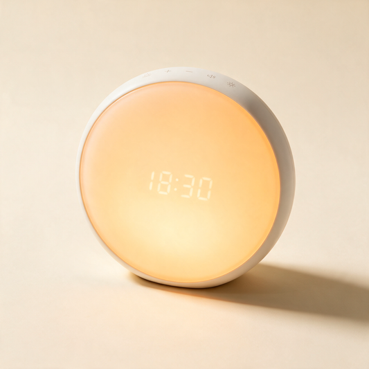 Round white sunrise alarm clock glowing warm amber