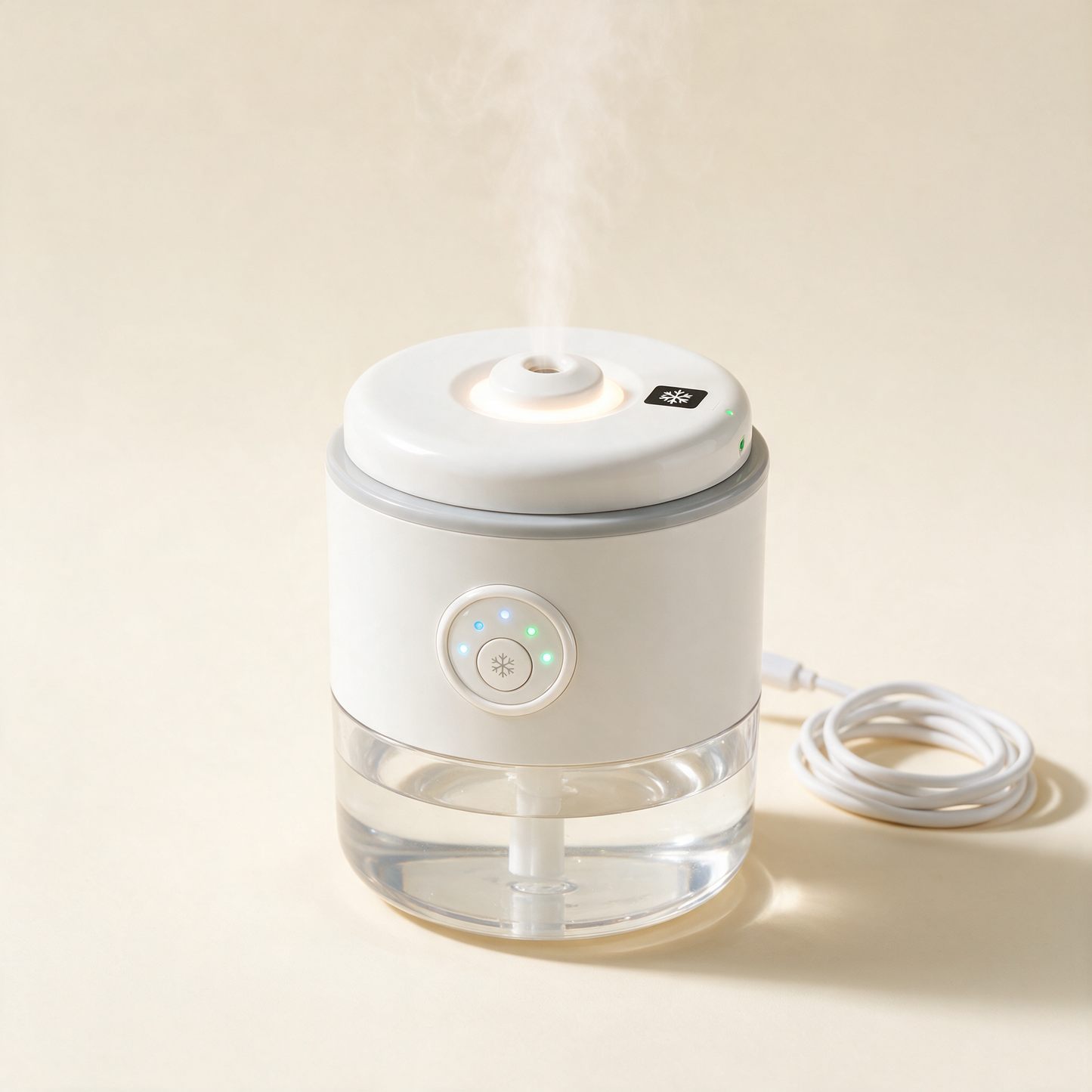 White portable mini humidifier releasing cool mist