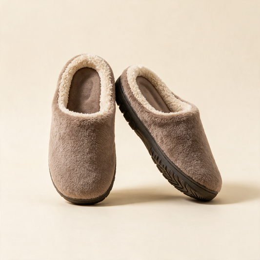 Taupe memory foam slippers with sherpa lining and non slip sole