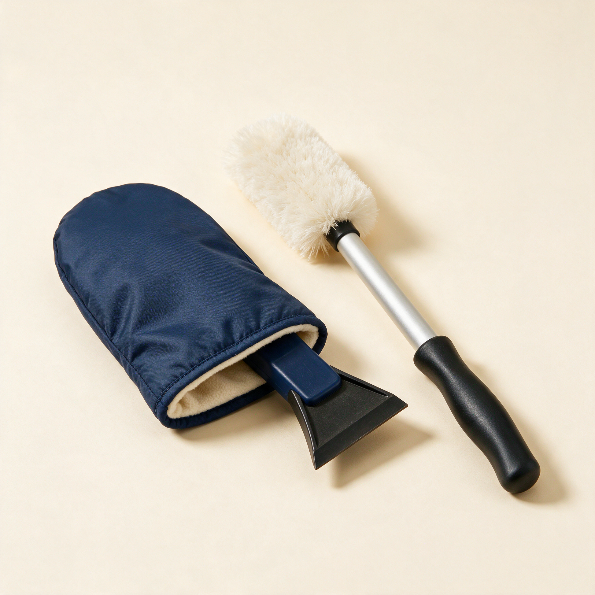 Ice scraper with navy waterproof glove and snow brush