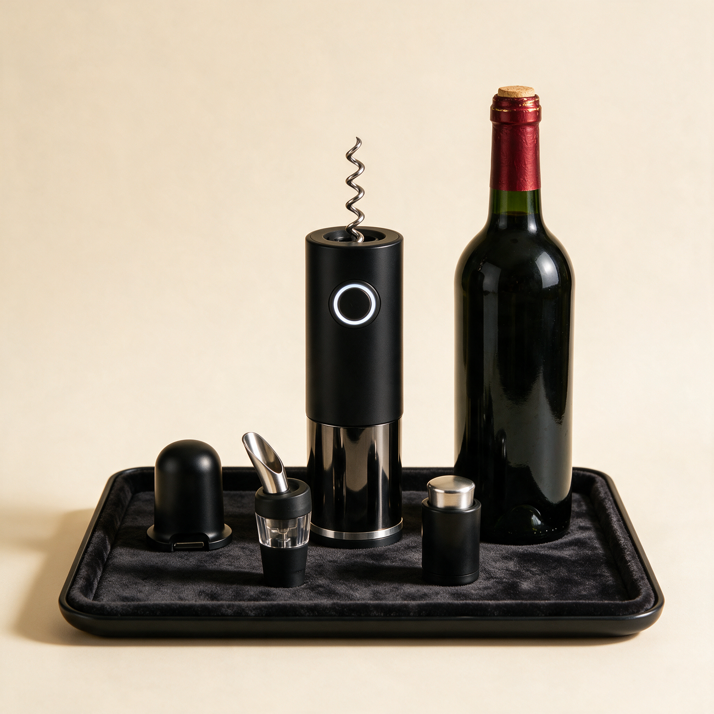 Electric wine opener gift set with foil cutter, pourer and stopper