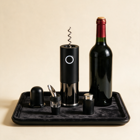 Electric wine opener gift set with foil cutter, pourer and stopper