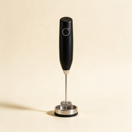 Black handheld milk frother standing in its counter stand