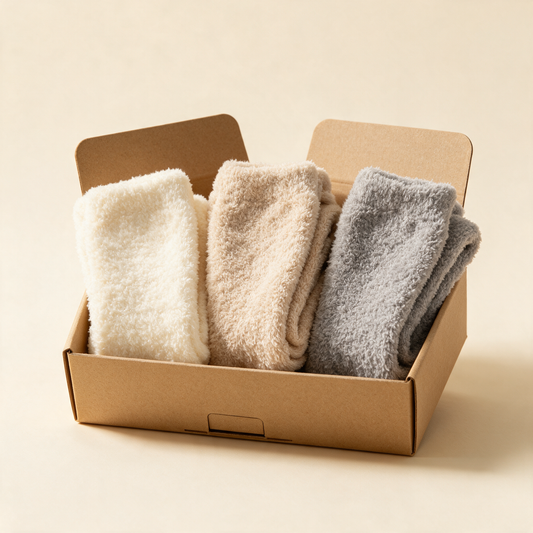 Three pairs of fluffy thermal socks in a kraft gift box