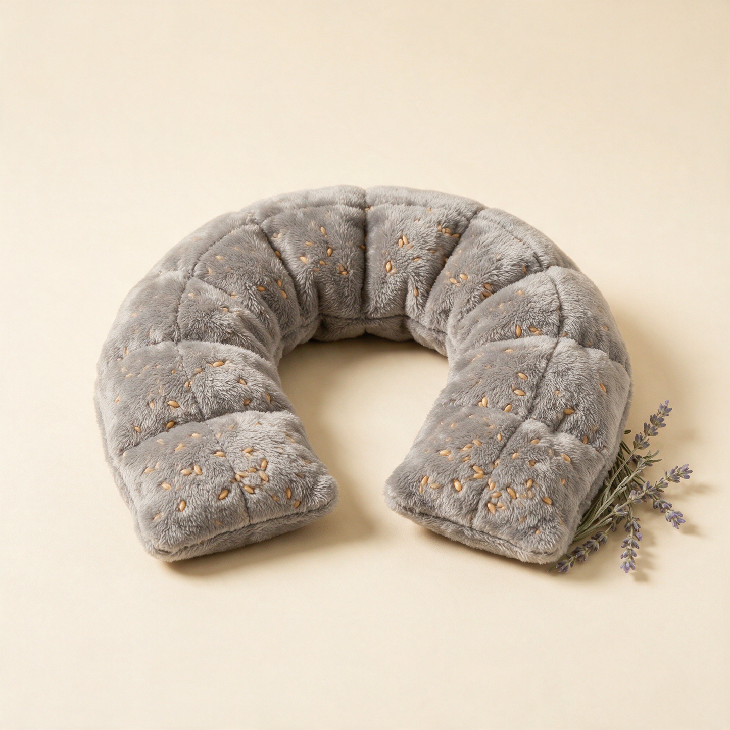 Grey microwaveable neck and shoulder wrap with lavender sprigs