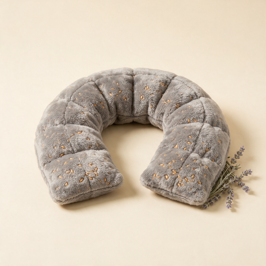 Grey microwaveable neck and shoulder wrap with lavender sprigs