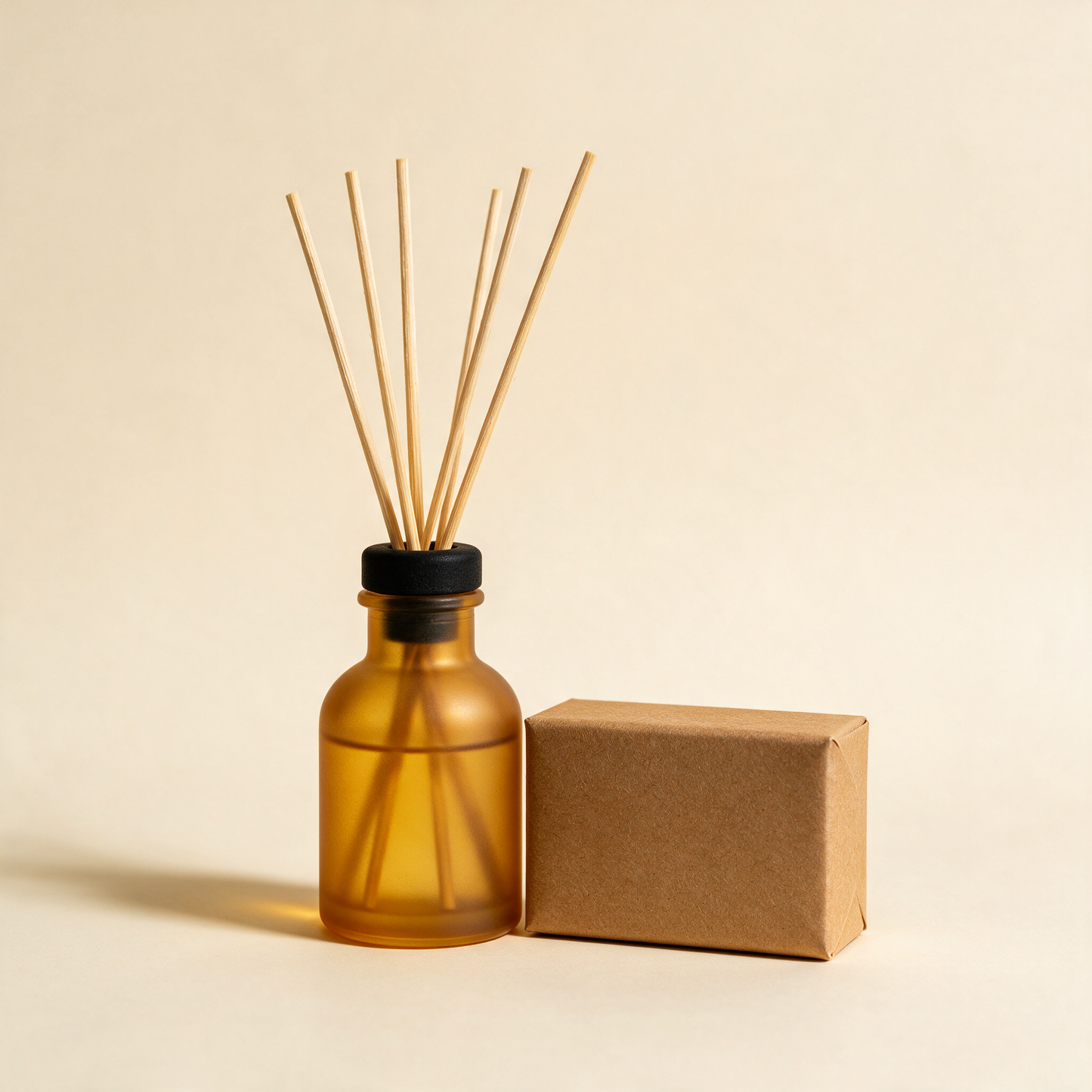 The Haven reed diffuser in amber glass with rattan reeds and gift box