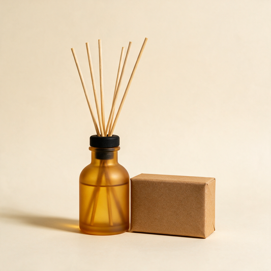 The Haven reed diffuser in amber glass with rattan reeds and gift box