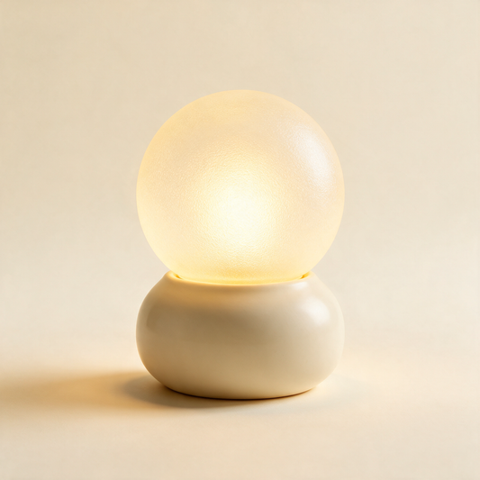 The Bedside touch table lamp with a cream base and warm glowing globe