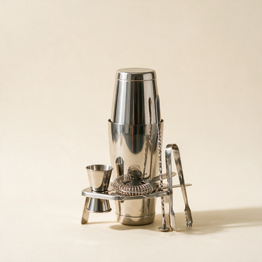 The Mixologist stainless steel cocktail set on a stand
