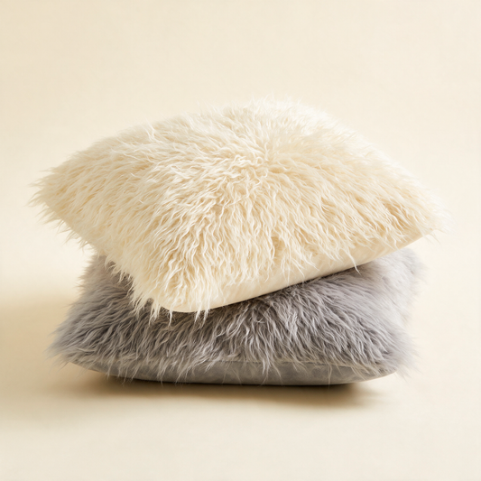 The Plush faux fur cushion covers in cream and grey